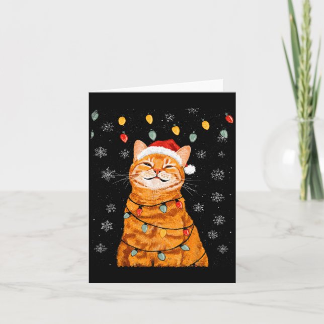 A Merry Christmas Lights Snowflake Ginger Cat Oran Card (Front)