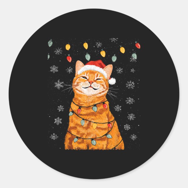 A Merry Christmas Lights Snowflake Ginger Cat Oran Classic Round Sticker (Front)