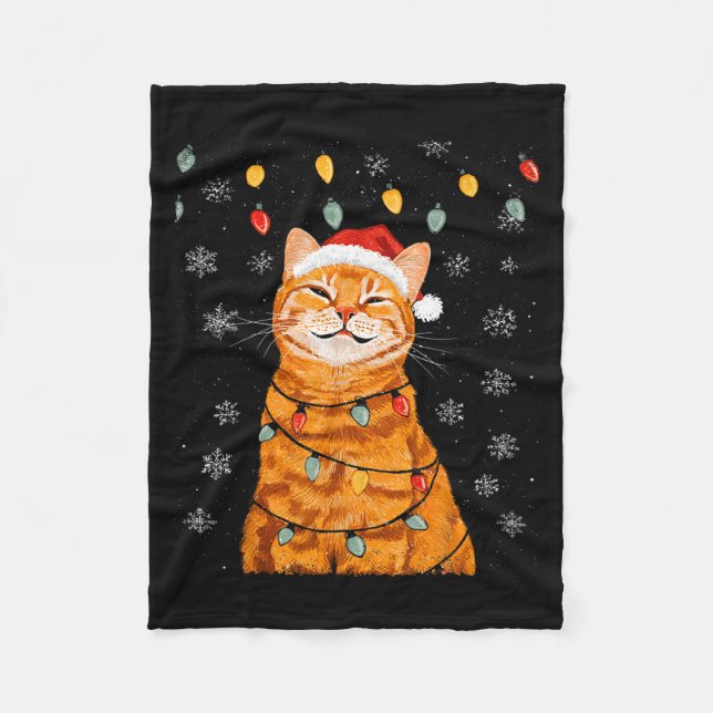 A Merry Christmas Lights Snowflake Ginger Cat Oran Fleece Blanket (Front)