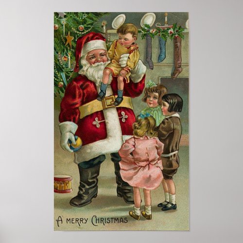 A Merry Christmas Santa and Children Poster