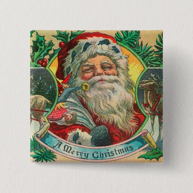 A Merry Christmas Santa and Reindeer Scene Button (Front)