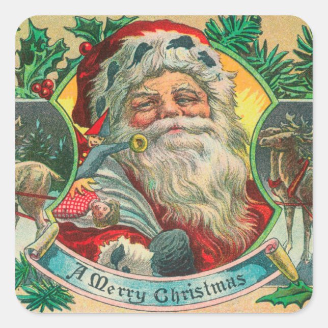 A Merry Christmas Santa and Reindeer Scene Square Sticker (Front)