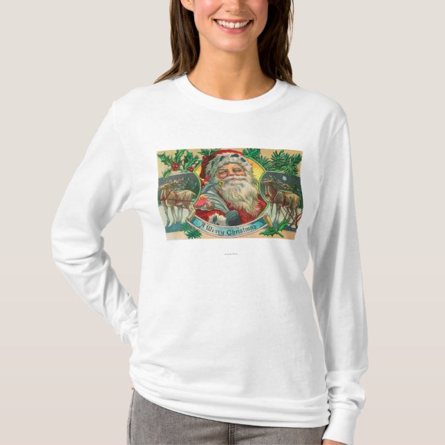 A Merry Christmas Santa and Reindeer Scene T-Shirt (Front)