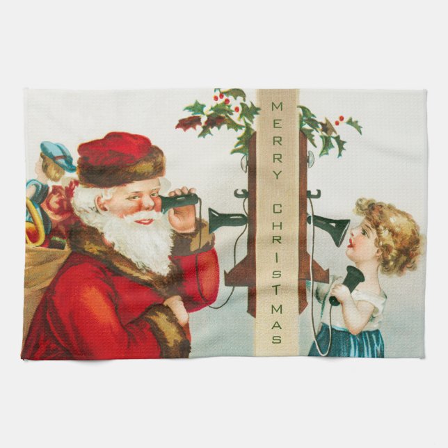 A Merry Christmas Santa Claus by Ellen Clapsaddle Kitchen Towel (Horizontal)