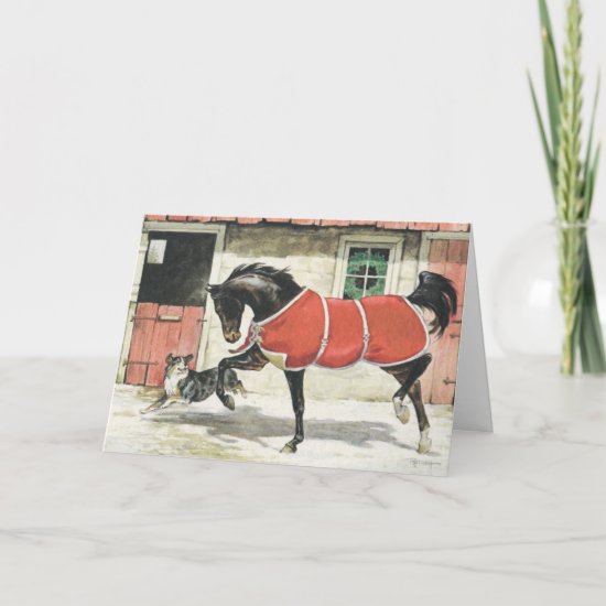 A Merry Christmas Vintage Horse and Dog Holiday Card
