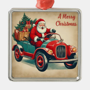 A Merry Christmas Vintage Santa in Red Car  Metal Ornament