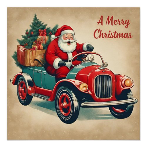 A Merry Christmas Vintage Santa in Red Car  Poster