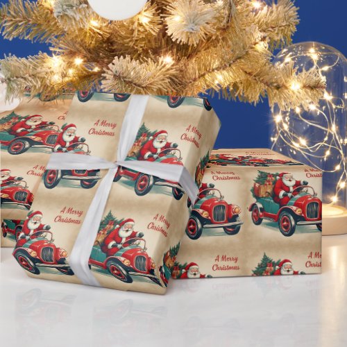 A Merry Christmas Vintage Santa in Red Car  Wrapping Paper