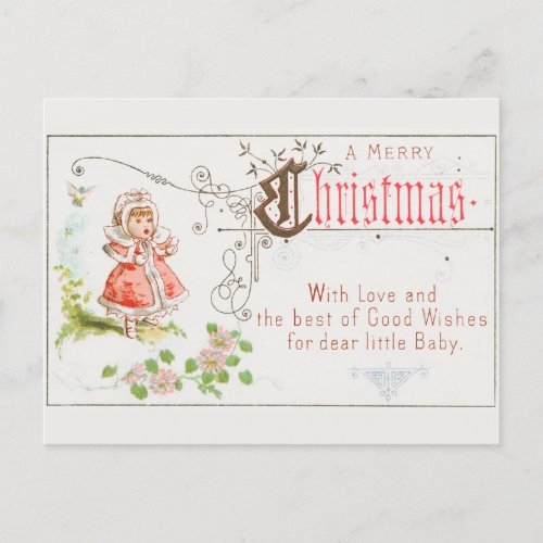 A Merry Christmas Wishing Cute Girl Vintage Retro Holiday Postcard