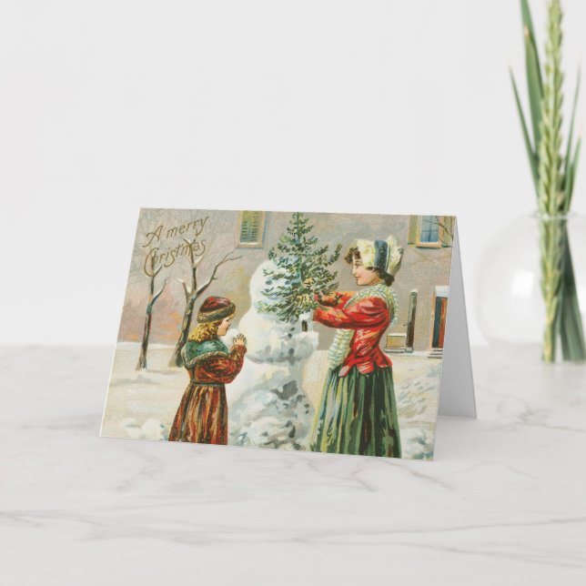 A Merry Christmas Woman, Child and Snowman Holiday Card (Front)