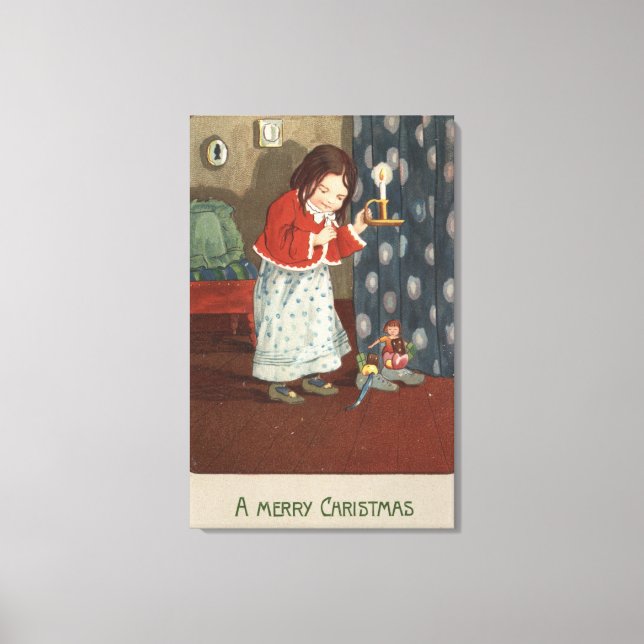 A Merry ChristmasGirl Holding a Candlestick Canvas Print (Front)