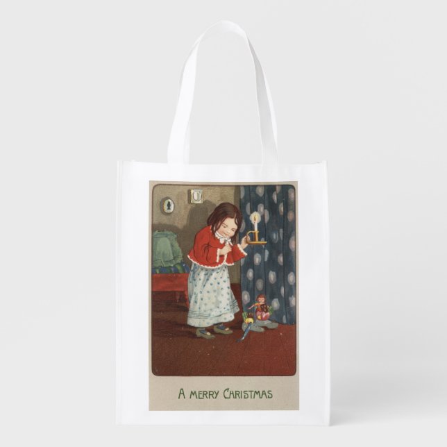 A Merry ChristmasGirl Holding a Candlestick Grocery Bag (Front)