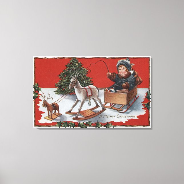 A Merry ChristmasKid in a Soap-Box Sled Canvas Print (Front)