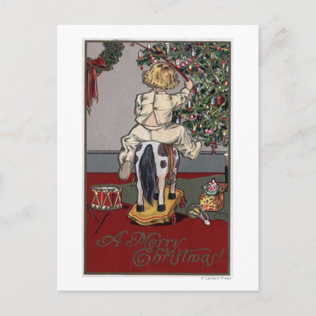 A Merry ChristmasKid on a Rocking Horse Holiday Postcard (Front)