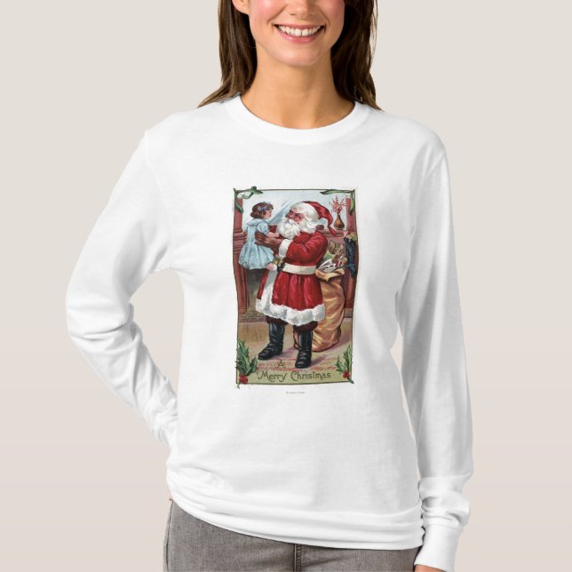 A Merry ChristmasSanta Holding Girl in Blue T-Shirt (Front)