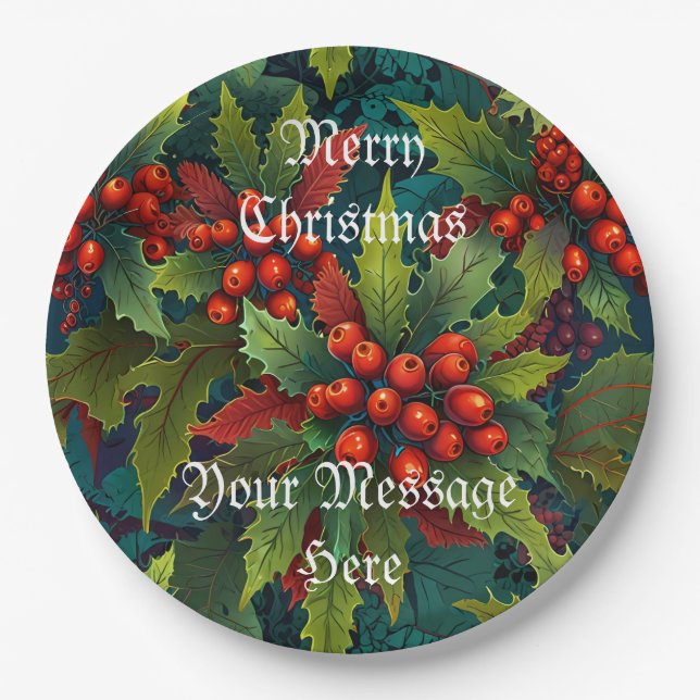 A Merry Festive Christmas Holly Holiday  Paper Plates (Front)