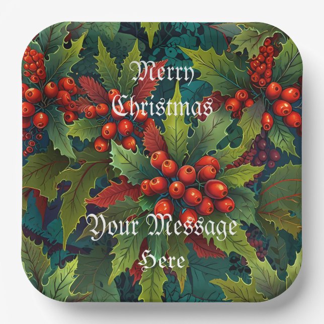 A Merry Festive Christmas Holly Holiday  Paper Plates (Front)