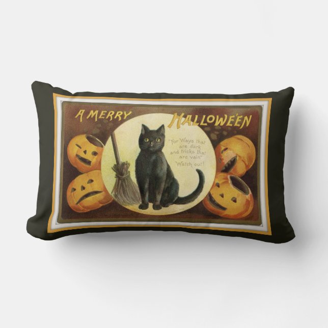 A Merry Halloween Black Cat and Pumpkins Black Lumbar Pillow (Front)