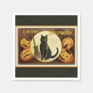 A Merry Halloween Black Cat and Pumpkins Black Paper Napkins