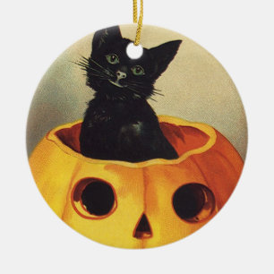 A Merry Halloween by Ellen Clapsaddle, Vintage Cat Ceramic Ornament