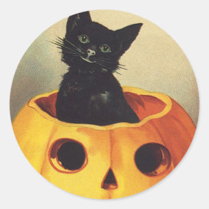 A Merry Halloween by Ellen Clapsaddle, Vintage Cat Classic Round Sticker