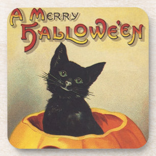 A Merry Halloween by Ellen Clapsaddle, Vintage Cat Coaster