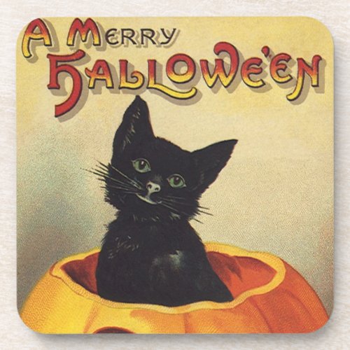 A Merry Halloween by Ellen Clapsaddle Vintage Cat Coaster