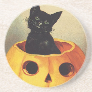 A Merry Halloween by Ellen Clapsaddle, Vintage Cat Drink Coaster