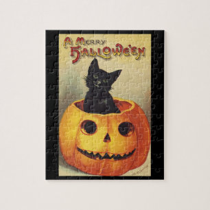 A Merry Halloween by Ellen Clapsaddle, Vintage Cat Jigsaw Puzzle