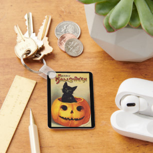 A Merry Halloween by Ellen Clapsaddle, Vintage Cat Keychain