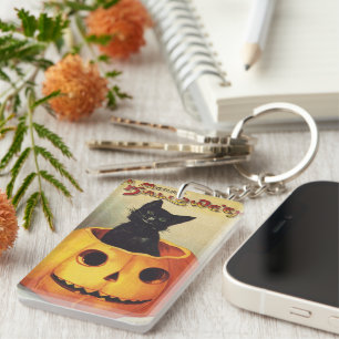 A Merry Halloween by Ellen Clapsaddle, Vintage Cat Keychain