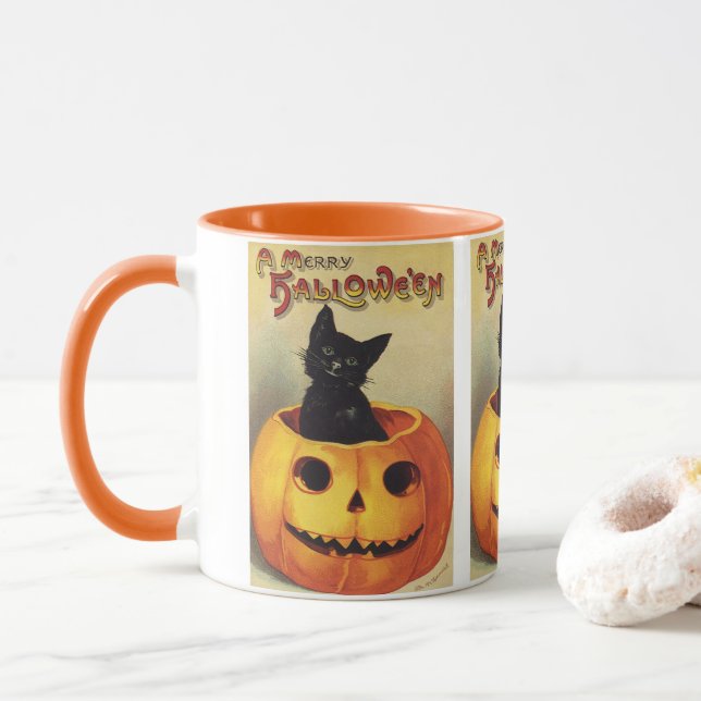 A Merry Halloween by Ellen Clapsaddle, Vintage Cat Mug (With Donut)