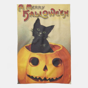 Black Cat Vintage Style RazzleDazzleCelebrations Halloween Retro Kitchen Towels Set 