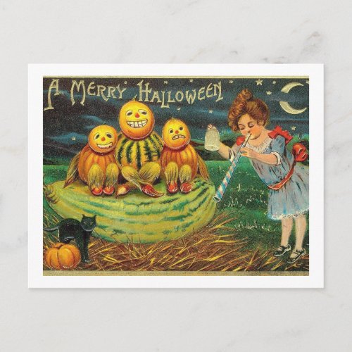 A Merry Halloween Jack O Lanterns Girl Vintage Postcard