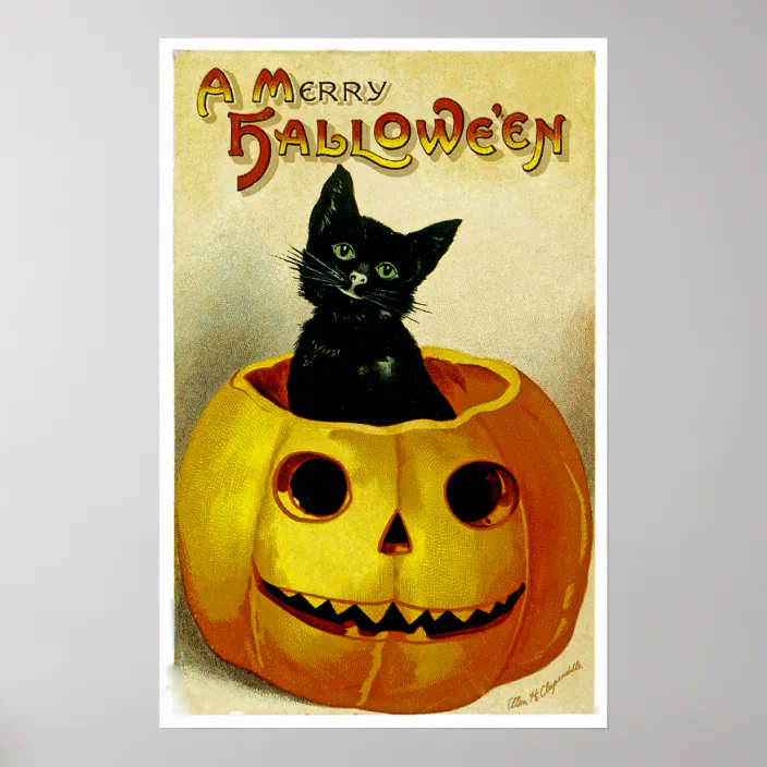 HALLOWEEN GREETING WITCH MOON BLACK CAT PUMPKIN USA HOLIDAY VINTAGE POSTER REPRO 