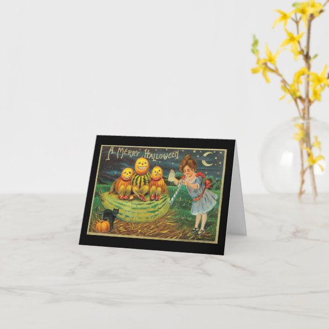 A Merry Halloween Pumpkin Melons Girl Vintage Card (Yellow Flower)