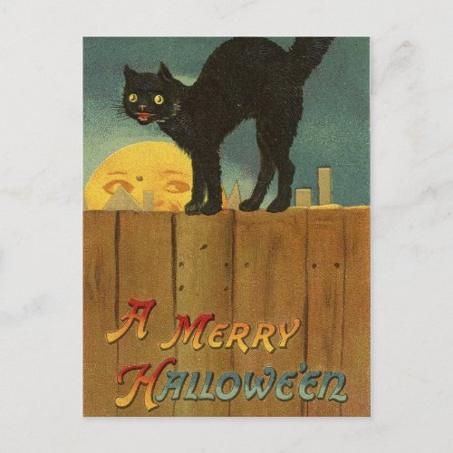 A Merry Halloween Spooky Black Cat Vintage Art Postcard