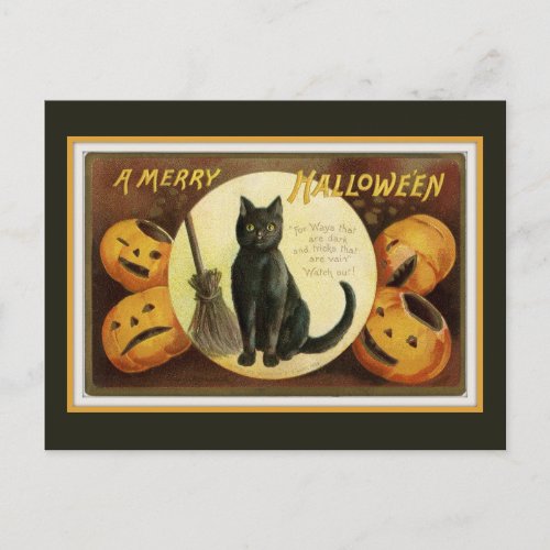 A Merry Halloween Vintage Black Cat and Pumpkins Holiday Postcard