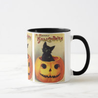 A Merry 

Halloween, Vintage Black Cat in Pumpkin Mug