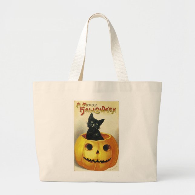 A Merry Haloween Kitten Large Tote Bag (Front)