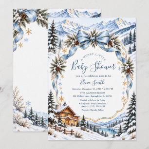A Merry Little Baby Shower Blue Bow Snowy Mountain Invitation