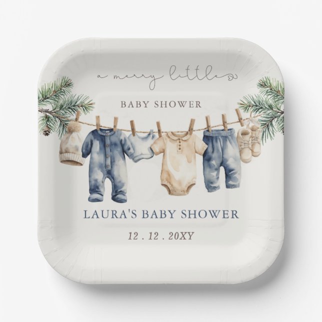 A Merry Little Baby Shower Christmas Boy Shower Paper Plates (Front)