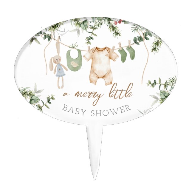 A Merry Little | Boho Boy Winter Baby Shower Cake Topper (Front)