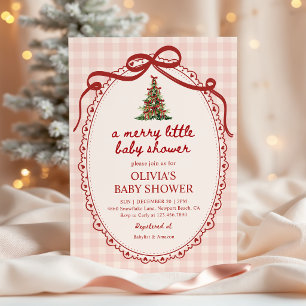 A Merry Little Christmas Bow Gingham Baby Shower Invitation