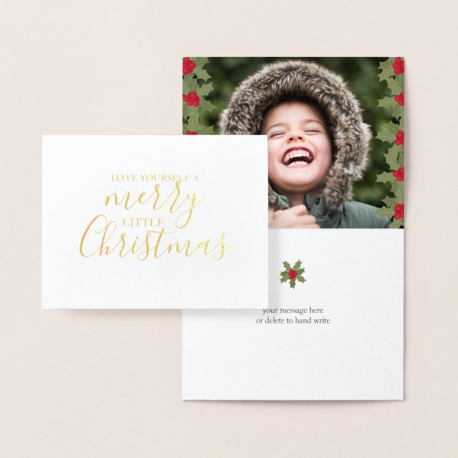 A Merry Little Christmas Holly Personalize Photo Foil Card (Display)