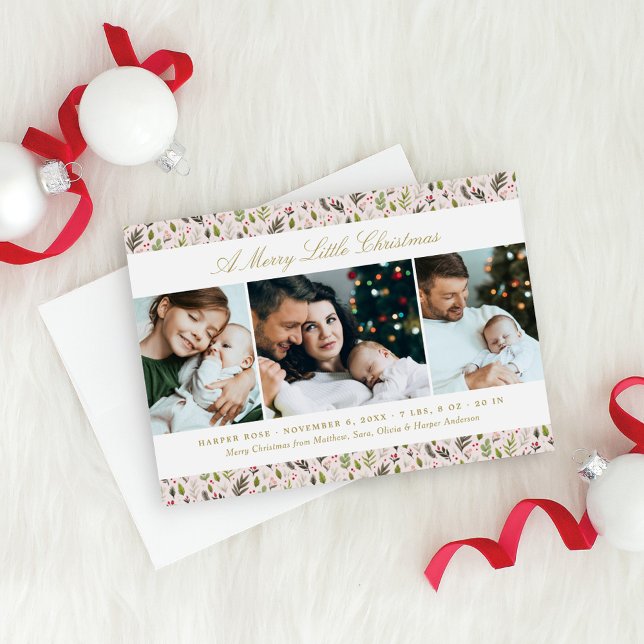 A Merry Little Christmas Pink Baby Photo Trio Holiday Card (Creator Uploaded)
