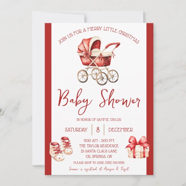 A Merry Little Christmas, Red & Ivory, Baby Shower Invitation (Front)