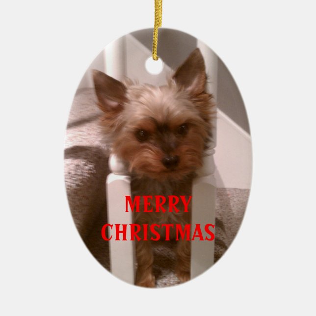 A Merry Yorkie Christmas Ceramic Ornament (Front)