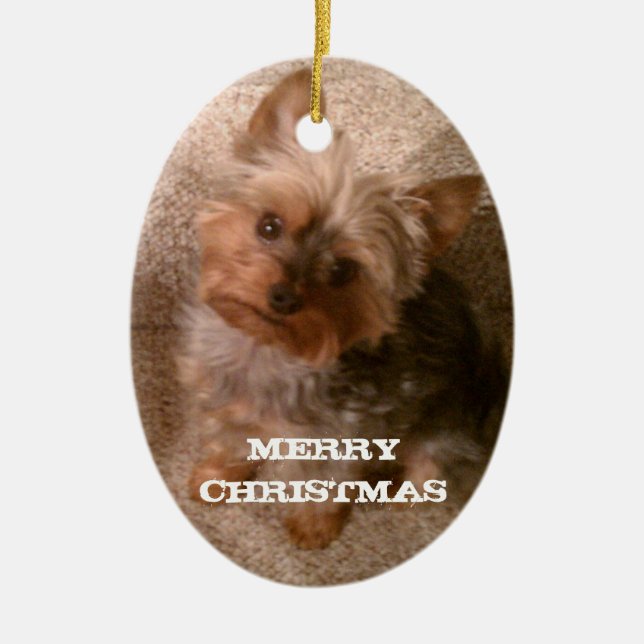 A Merry Yorkie Christmas Ceramic Ornament (Front)