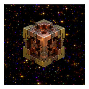 A Metallic Fractal Cube With Colored Starbursts Poster